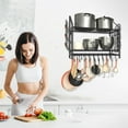 thumbnail image 7 of 35 Inch Pot Rack Wall Mounted, 2 Tier Pots and Pans Organizer with 20 Hooks and 6 Pot Lid Holders, Heavy Duty Steel Pot and Pan Hanger for Kitchen Cookware Utensils Storage 34.7" Lx13 Wx26.4 H, 7 of 7