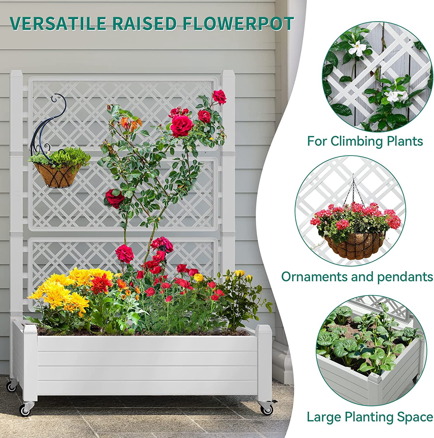 Dextrus 3.6x1.5x5FT Elevated Raised Garden Bed with Trellis and Lockable Wheels, Large Outdoor Resin Patio Planter Box with Drain Plug and Water Monitor for Vines, Climbing Plants, Flowers