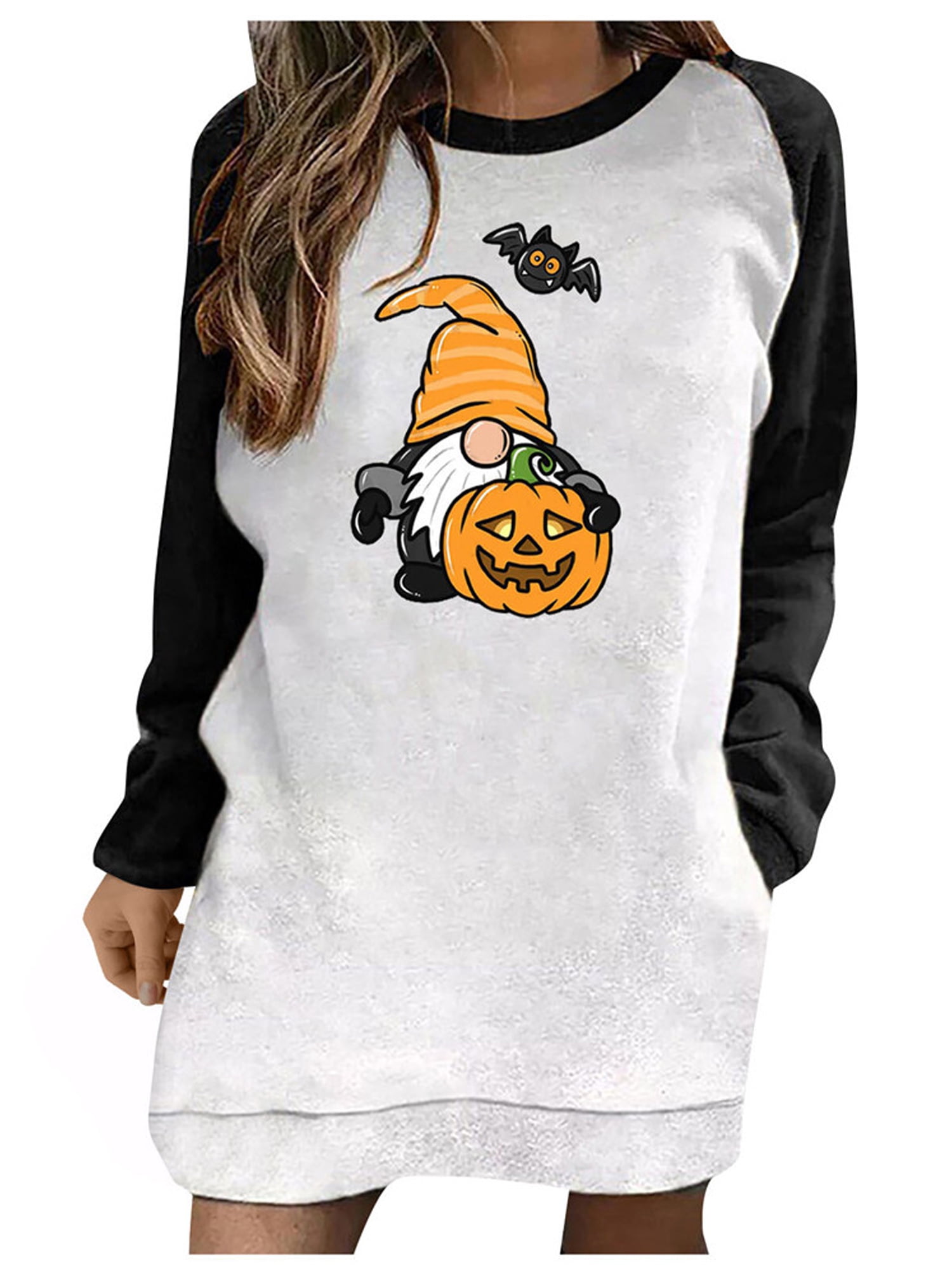 Halloween Sweatshirt for Women Pumpkin Skeleton Face Bat Print Sweatshirt Casual Loose Fit Long Sleeve Sweatshirt Top