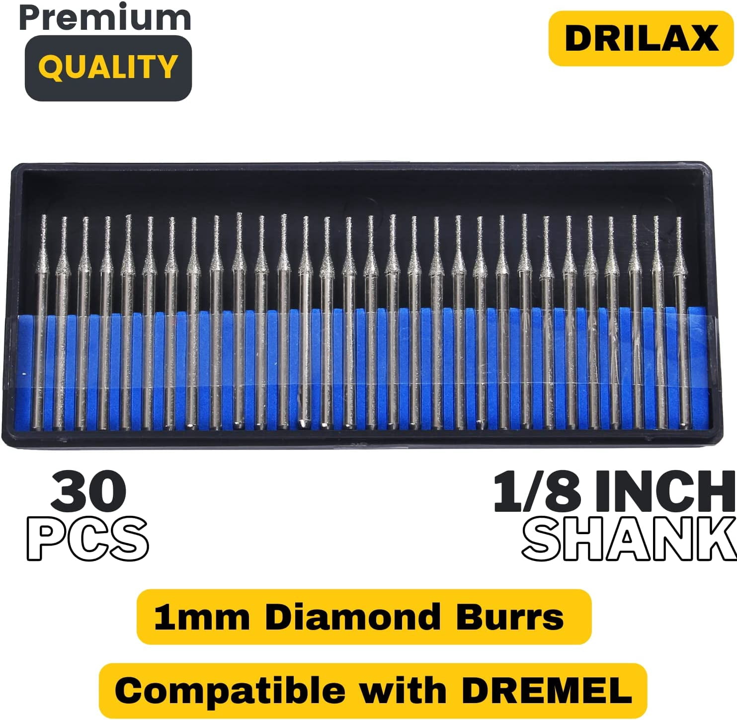 Drilax 30 Pack 1 mm Diamond Drill Bits for Jewelry, Beach Glass, Shells, Gemstones, Lapidary