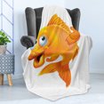 thumbnail image 4 of Fish Soft Flannel Fleece Blanket, Cartoon Character Happy Goldfish Smiling and Waving on White Background Illustration, Cozy Plush for Indoor and Outdoor Use, 50" x 70", Orange White, by Ambesonne, 4 of 5