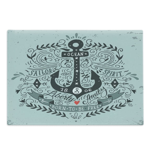 Navy Cutting Board, Vintage Style Anchor Lettering Words and Floral Sailor Marine Design Art Print, Decorative Tempered Glass Cutting and Serving Board, Large Size, Turquoise, by Ambesonne