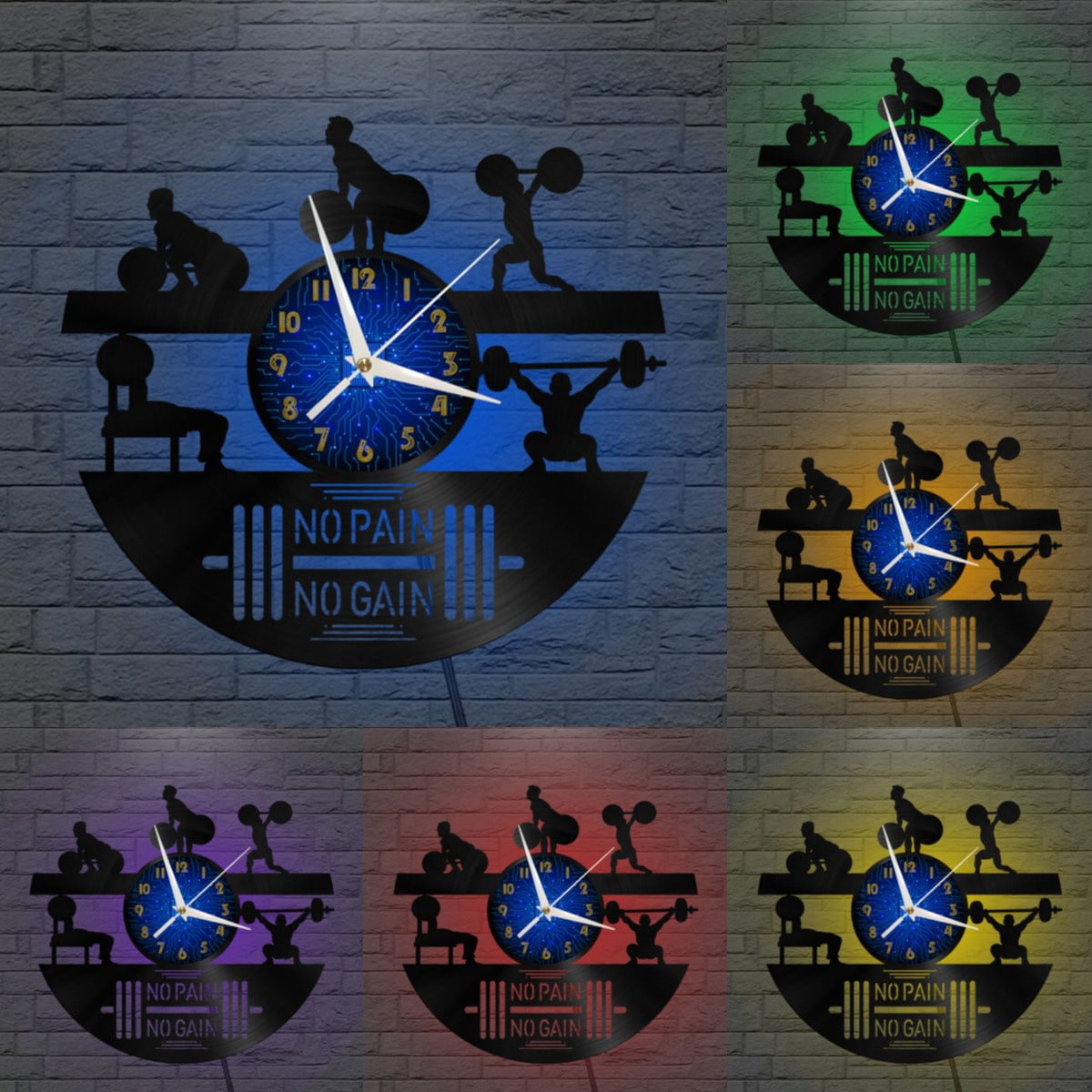 Muscle Building GYM 12 Inch Vinyl Record Wall Clock - Silent, Creative, and Unique Clock for Living Room, Entryway, or Bedroom Decor - Perfect Gift Idea(12 inchs B with LED)