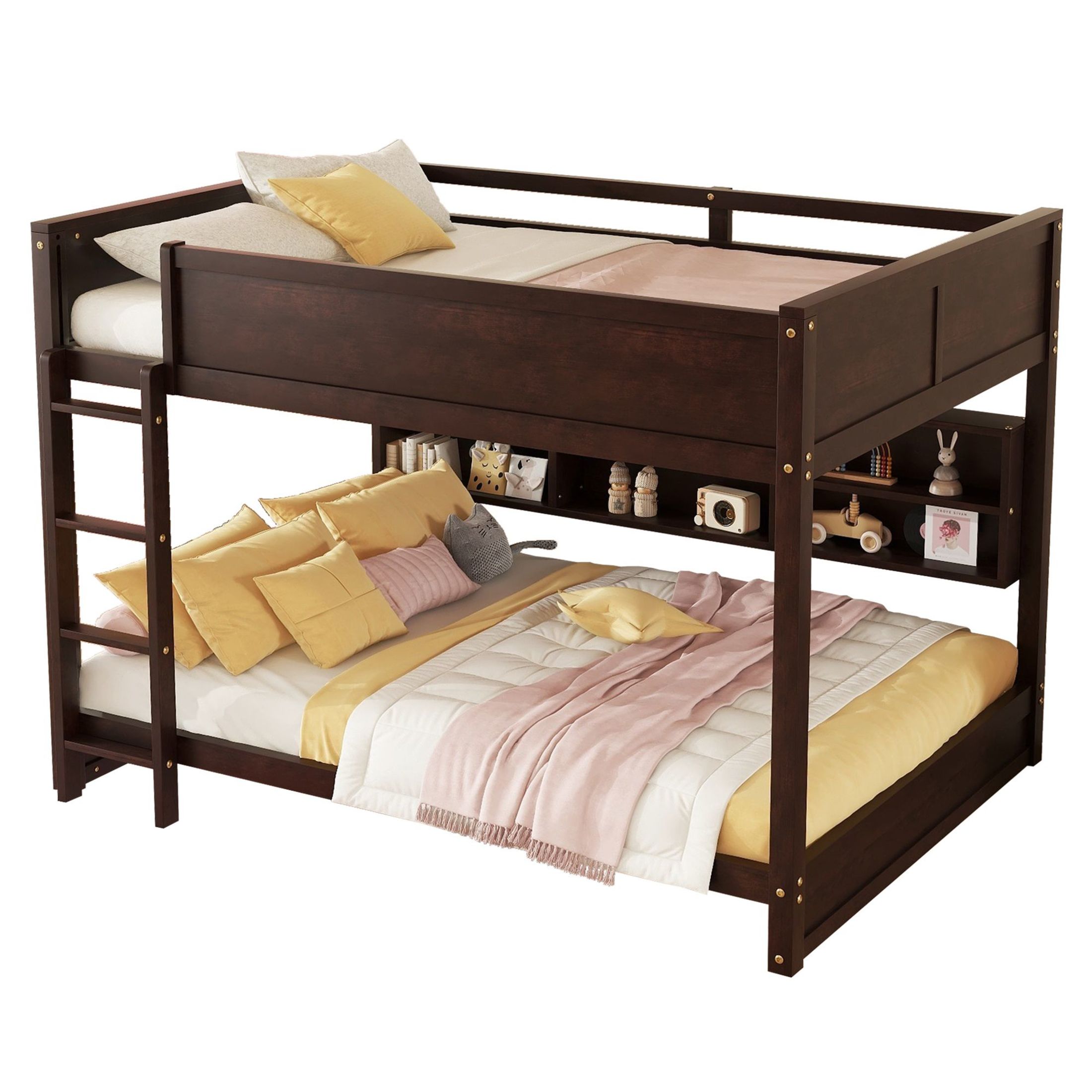 Noble House Queen Over Queen Bunk Bed, Solid Pine Wood Frame with Storage Cabinets and Charging Station, Brown
