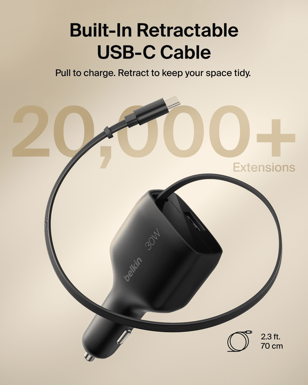 Belkin BoostCharge 30W USB-C Car Charger with Retractable USB-C Cable Fast Car Charging Adapter USB-C Power Delivery iPhone & Android Car Charger