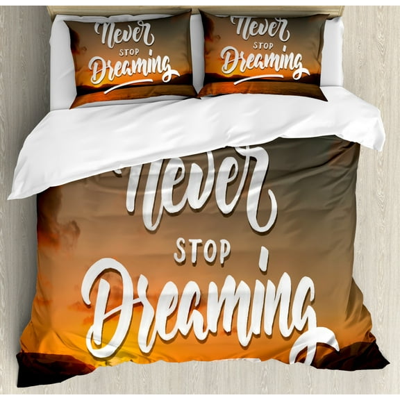 Dream Duvet Cover Set King Size, Sunset Background with Never Stop Dreaming Quote Coastal Landscape Pastoral Theme, 3 Piece Bedding Set with 2 Pillow Shams, Multicolor, by Ambesonne