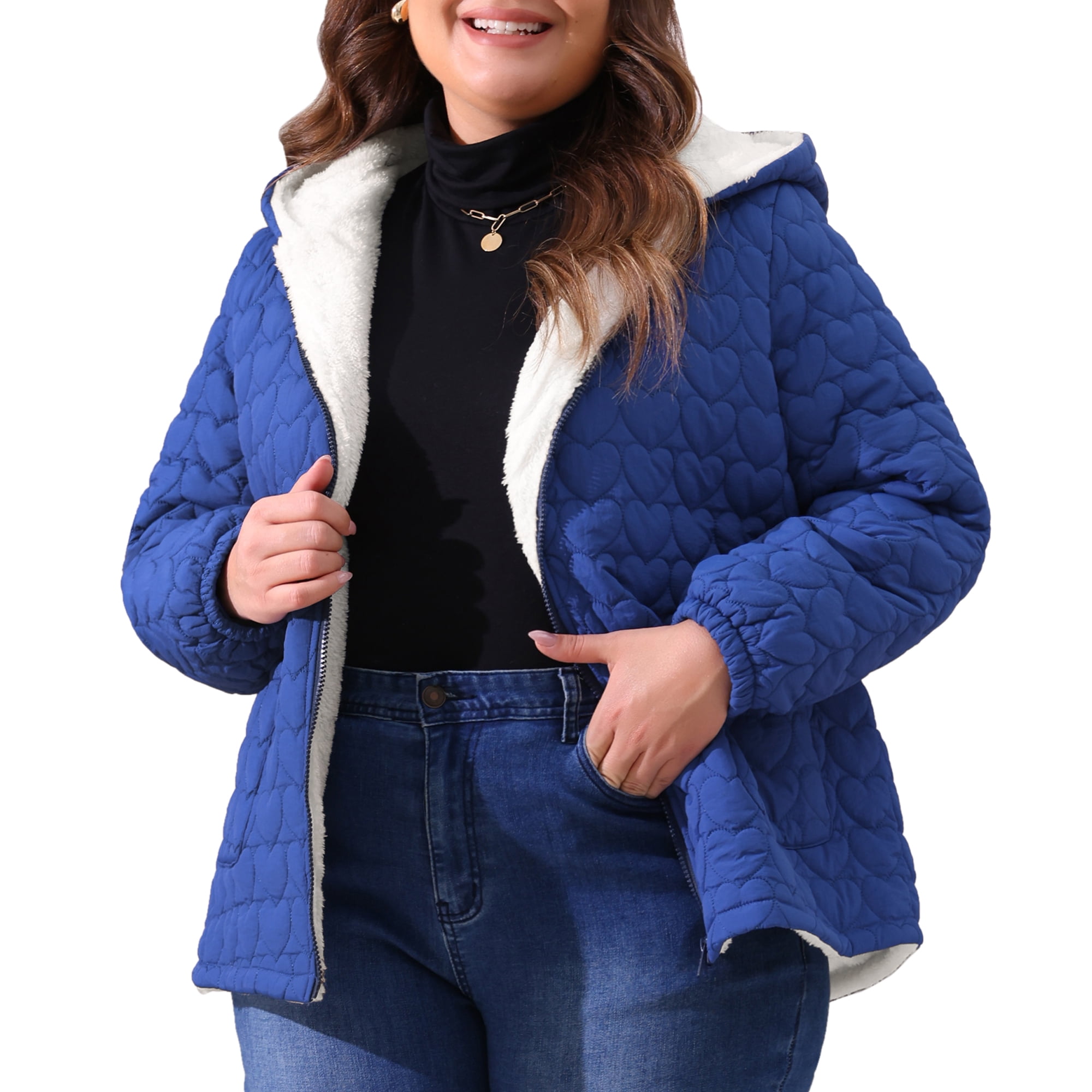 DARING DIVA Women's Plus Size Puffer Coat with Hood and Pockets 2X Royal Blue