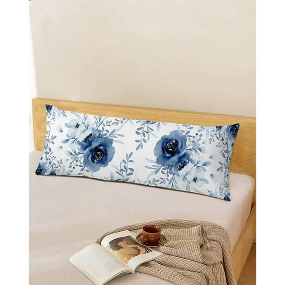 Watercolor Blue Floral Throw Pillow Cover,Pastoral Leaves Ink Painting Rectangle Decorative Pillow Case Protector Soft Cushion Cover Lumbar Pillowcase for Couch Sofa Bedroom Car Chair Decor 20x54 In