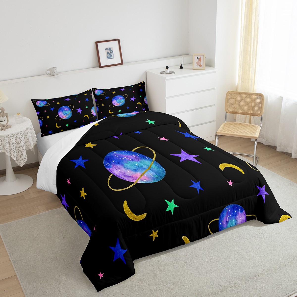 Star Bedding Queen Size Planet Comforter Sets Purple Gradient Bedding Comforter Set Outer Space Universe Themed Duvet Insert Galaxy Starry Sky Decor Quilt 3 Pcs with 2 Pillowcases