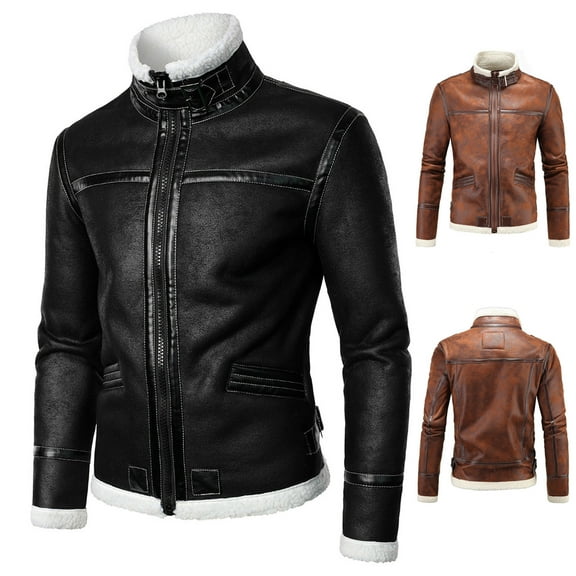 Hinvhai Mens Leather Bomber Jacket Warm Piolt Winter Shearling Jackets Aviator Coat Brown 10(XL)