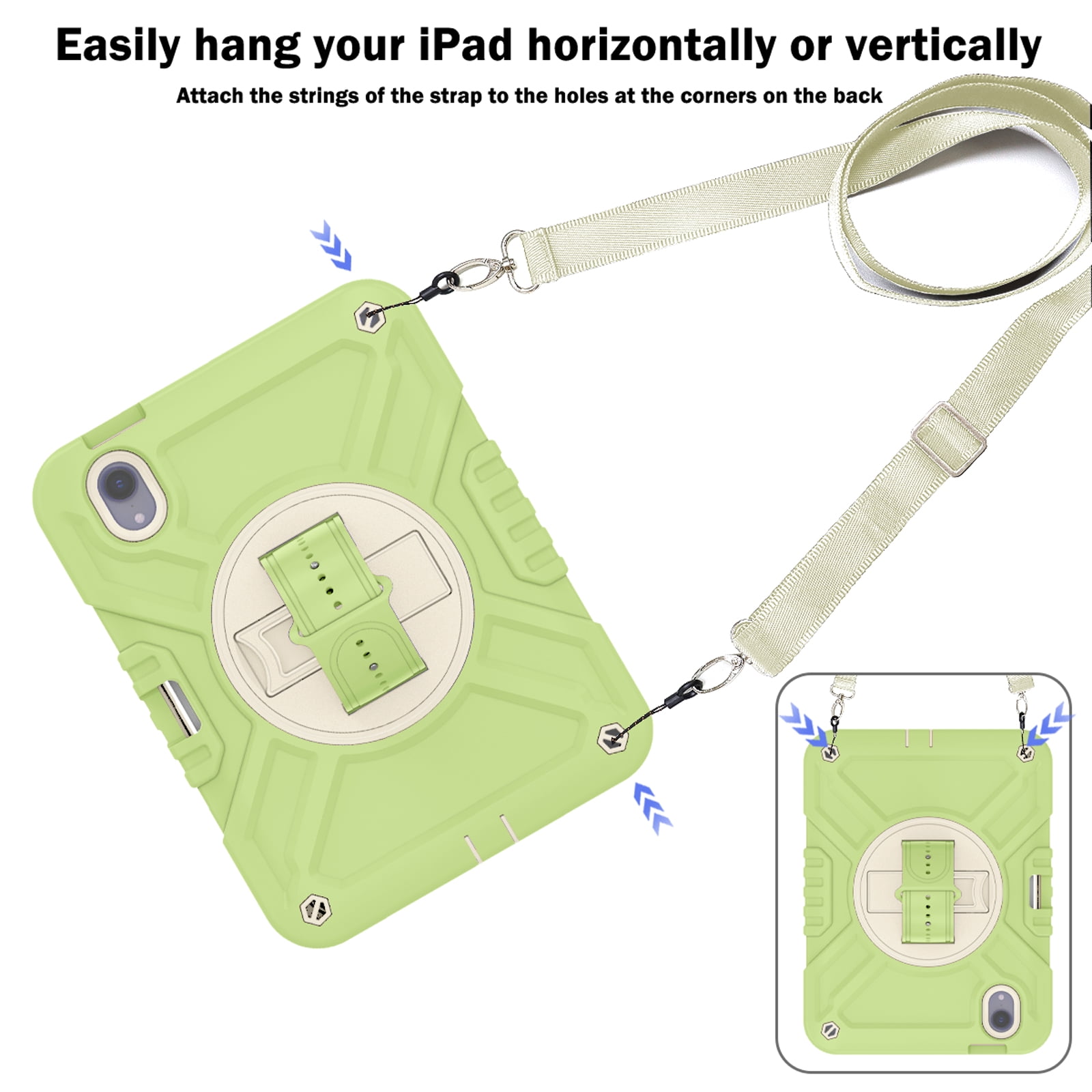 Dteck Case for iPad mini 7 (A17 Pro) 8.3 inch 2024/ iPad mini 6th Generation,Heavy Duty Rugged Drop Proof Shockproof Armor Case with Stand Pencil Holder Hand Strap Shoulder Strap,Green+White