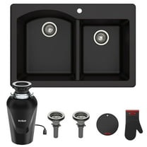 Kraus Forteza 33 Dual Mount 60/40 Double Bowl Granite Kitchen Sink in Black with Waste Guard Continuous Feed Garbage Disposal