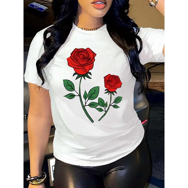 Vibrant Rose Print Crew Neck T-Shirt - Soft, Breathable, Short Sleeve Casual Top for Spring & Summer - Women's Comfortable Clothing for Everyday Wear