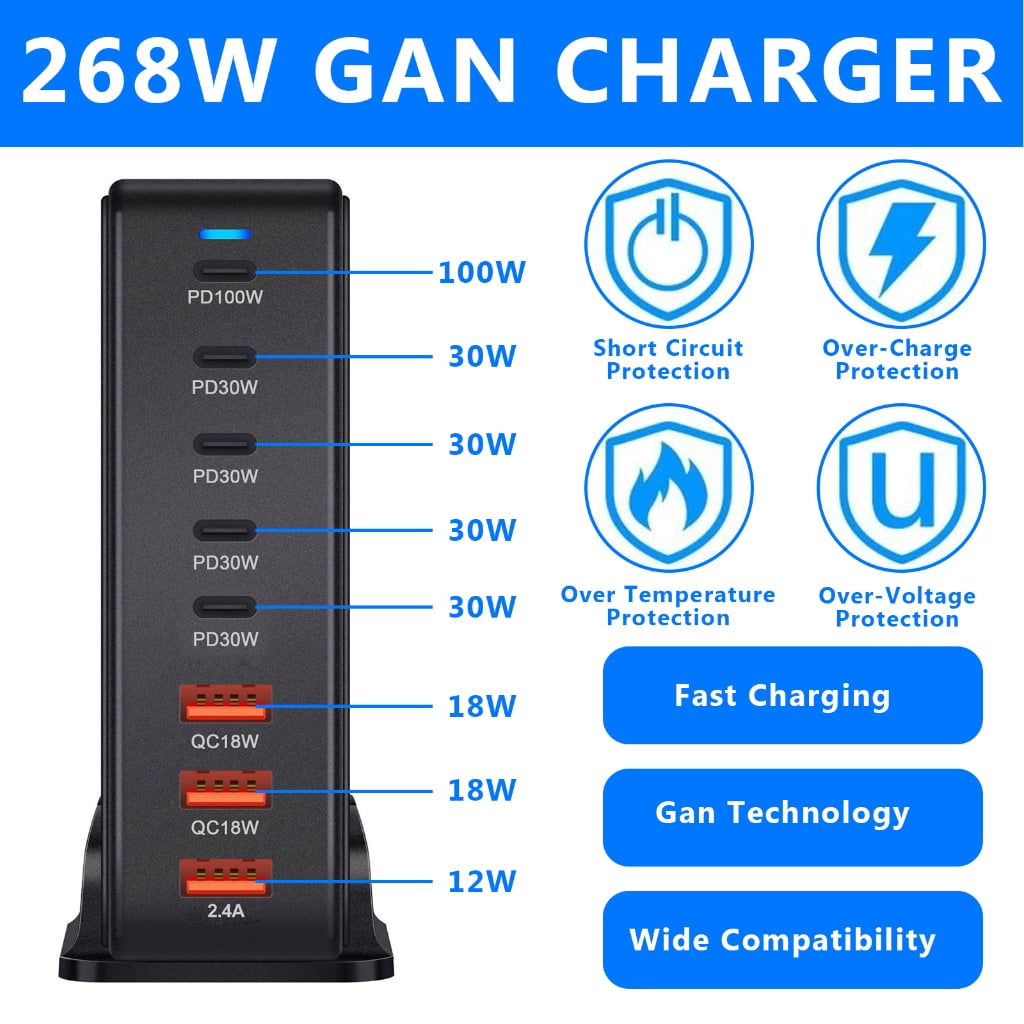 268W 8 Port USB C Chargers Fast Charging Station TypeC PD Chargers Adapters