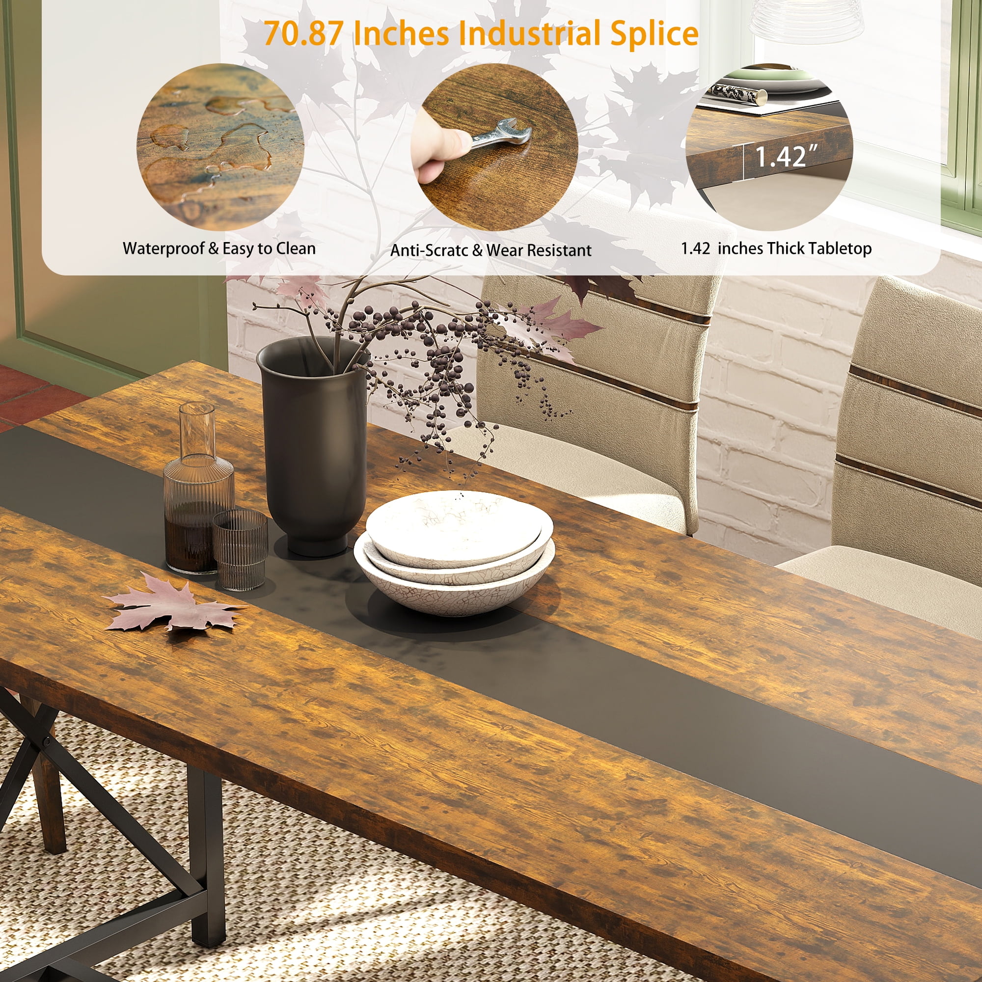 Manora Dining Table for 6-10 People, 70.9'' Modern Farmhouse Wooden Kitchen Table, Rectangle Dining Room Table, X-Shaped Legs (Rustic Brown)