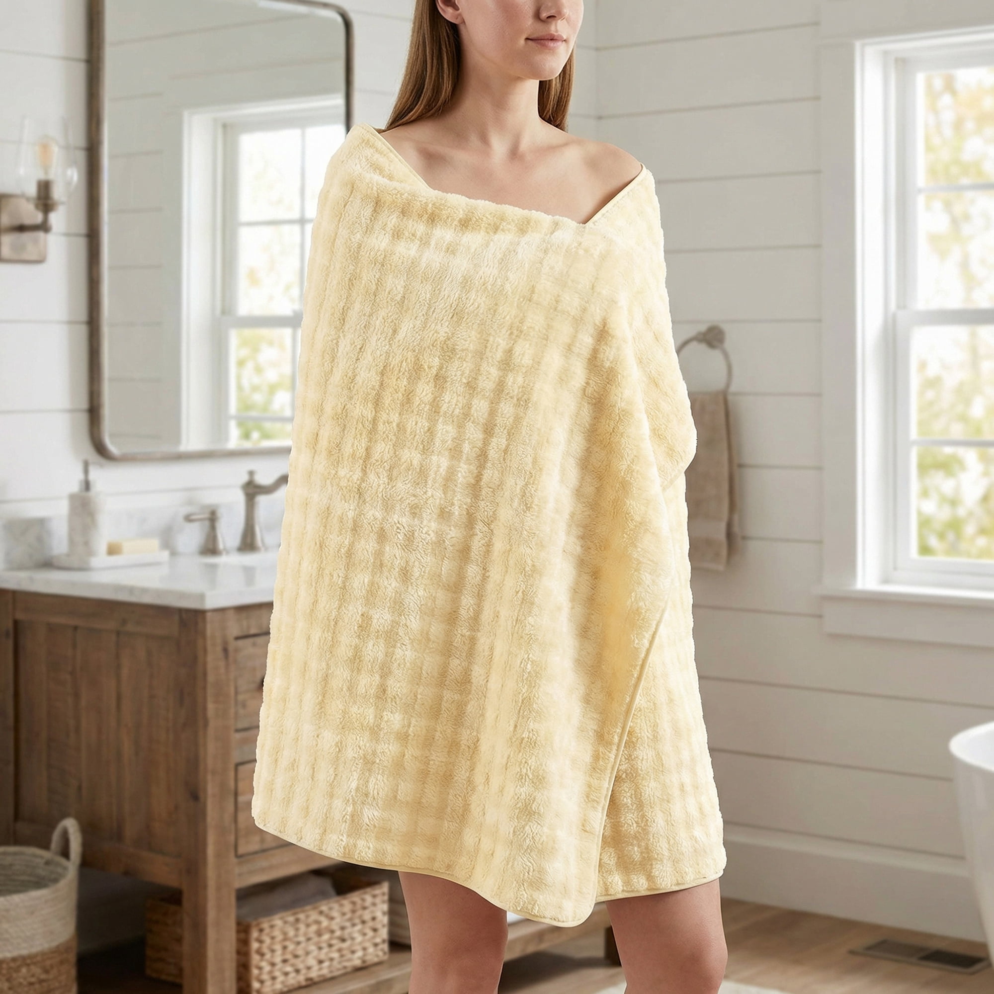 Unique Bargains Soft Coral Fleece Fade Resistant Bath Towel 2 Pack White/Grey 55"x28"