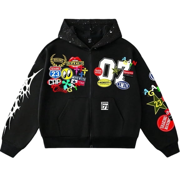 Men's Full Zip Hoodie Jacket - Y2K Oversized Hip Hop Graphic Print Kangaroo Pocket Sweatshirt, Winter, Black, S