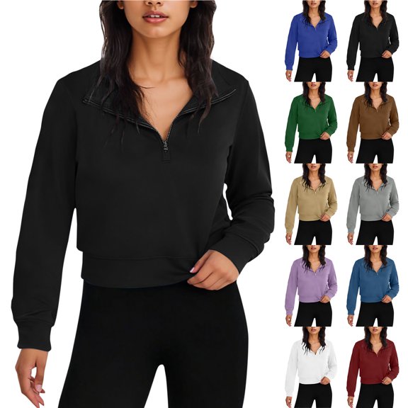 Otntypg Women Half Zip Up Cropped Lapel Sweatshirt Lightweight Casual Fall Winter Quarter Zipper V Neck Long Sleeve Pullover Tops Trendy 2025 Outfit Clothes White L