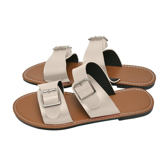 Xfvqtps Slide Sandals Women Flat Buckle Decoration Open Toe Non Slip Breathable Summer Beach Sandals Beige