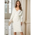 thumbnail image 2 of Unique Bargains Women's Deep V Neck Wrap Lantern Sleeve Belted Mini Sweater Dress M White, 2 of 6
