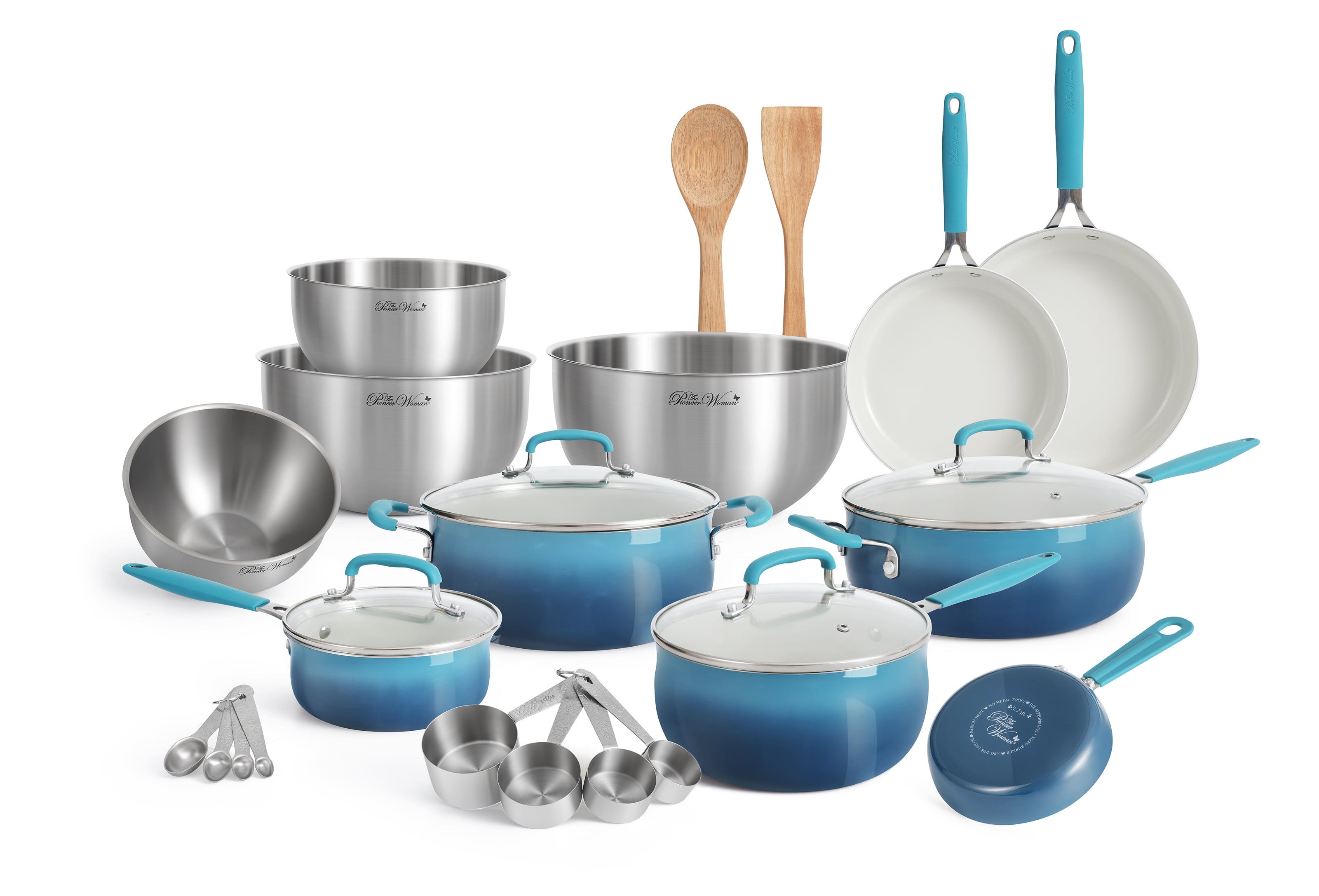 The Pioneer Woman 25 Piece Ceramic Nonstick Aluminum Easy Clean Cookware Set, Ombre Teal