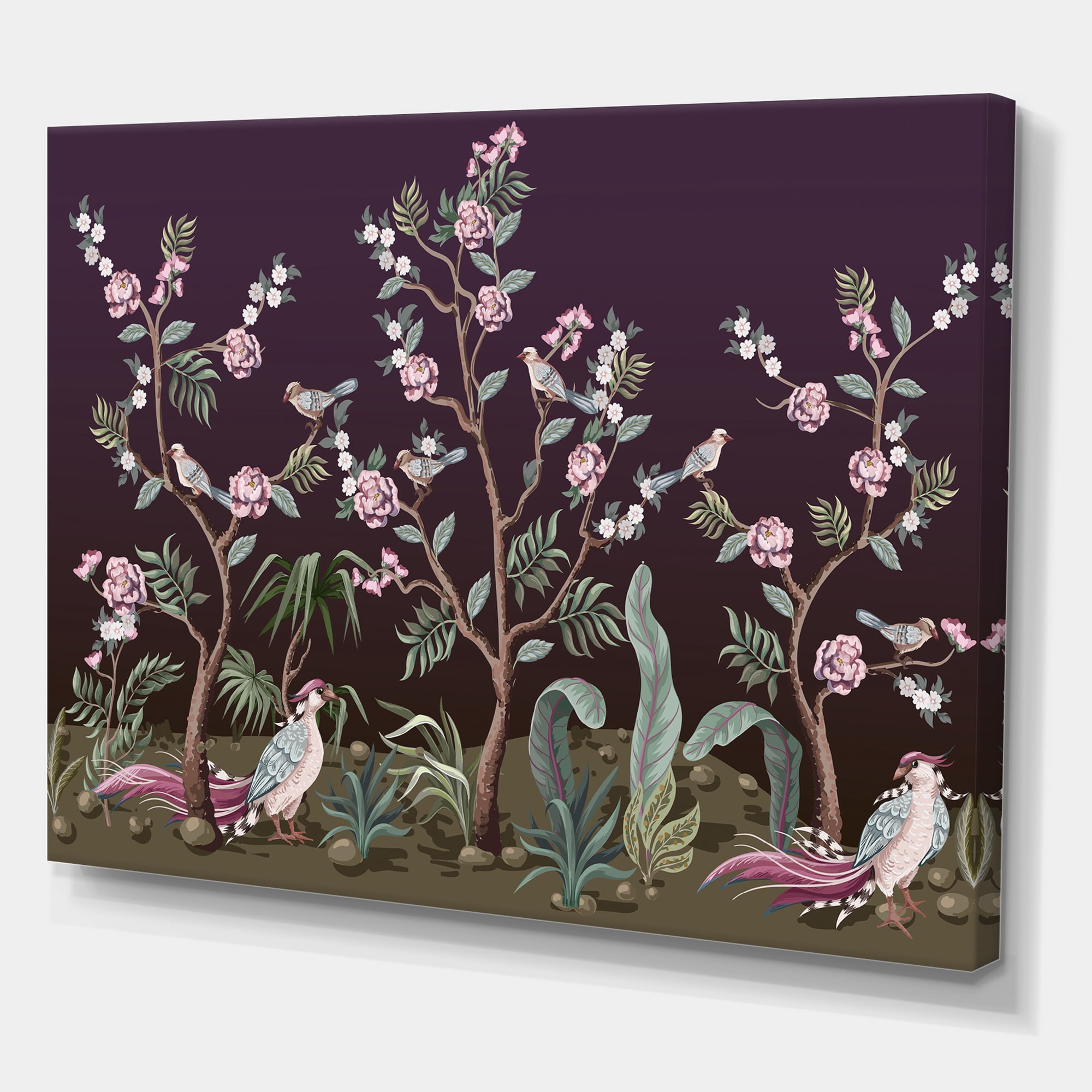 Chinoiserie With Peonies and Birds I 32 in x 16 in Painting Canvas Art Print, by Designart