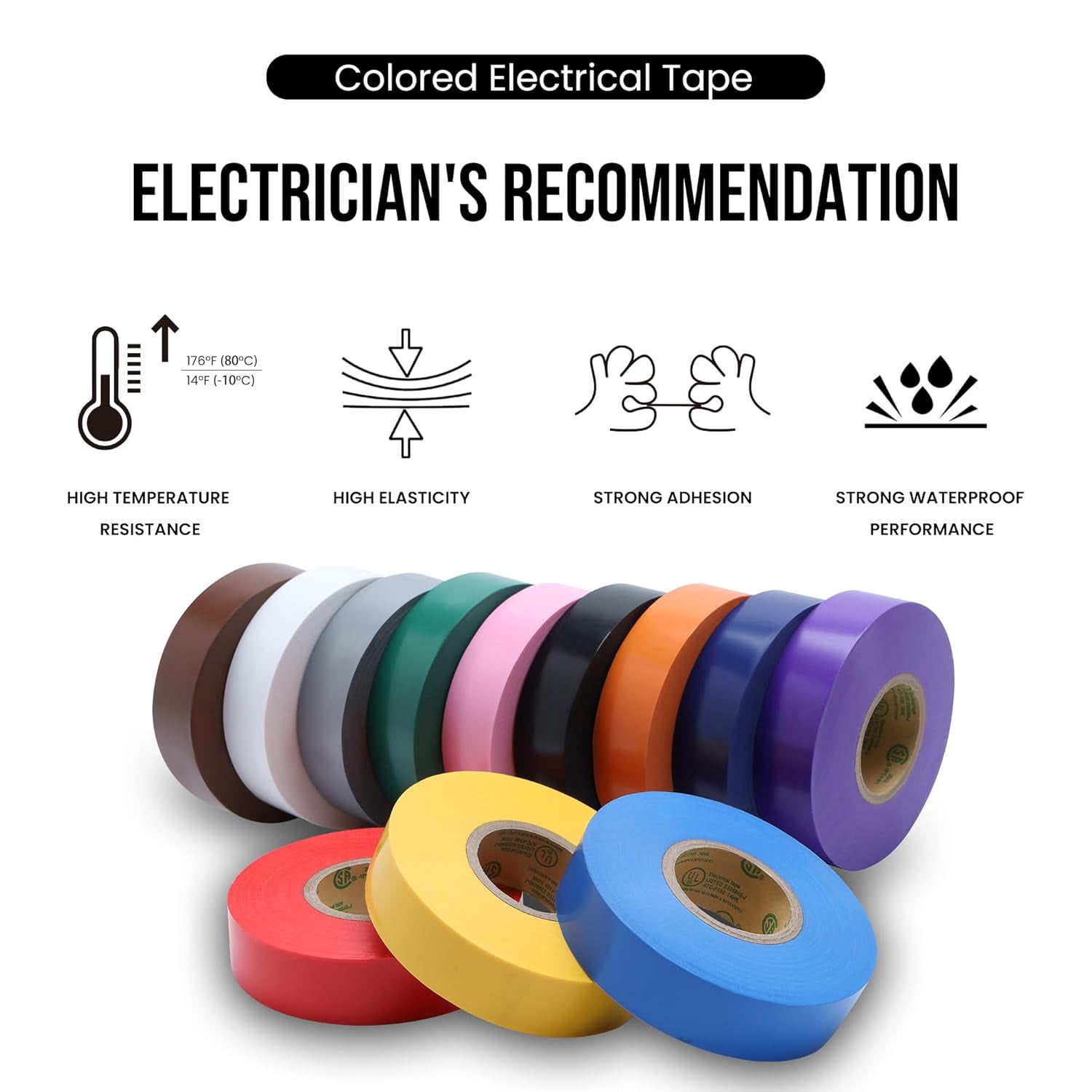 12 Pack Colored Electrical Tape Water of, 3/4 in x 66ft, Industrial Grade UL/CSA Listed High Temp Electrical Tape Colors Electric Super Vinyl, 1275C1