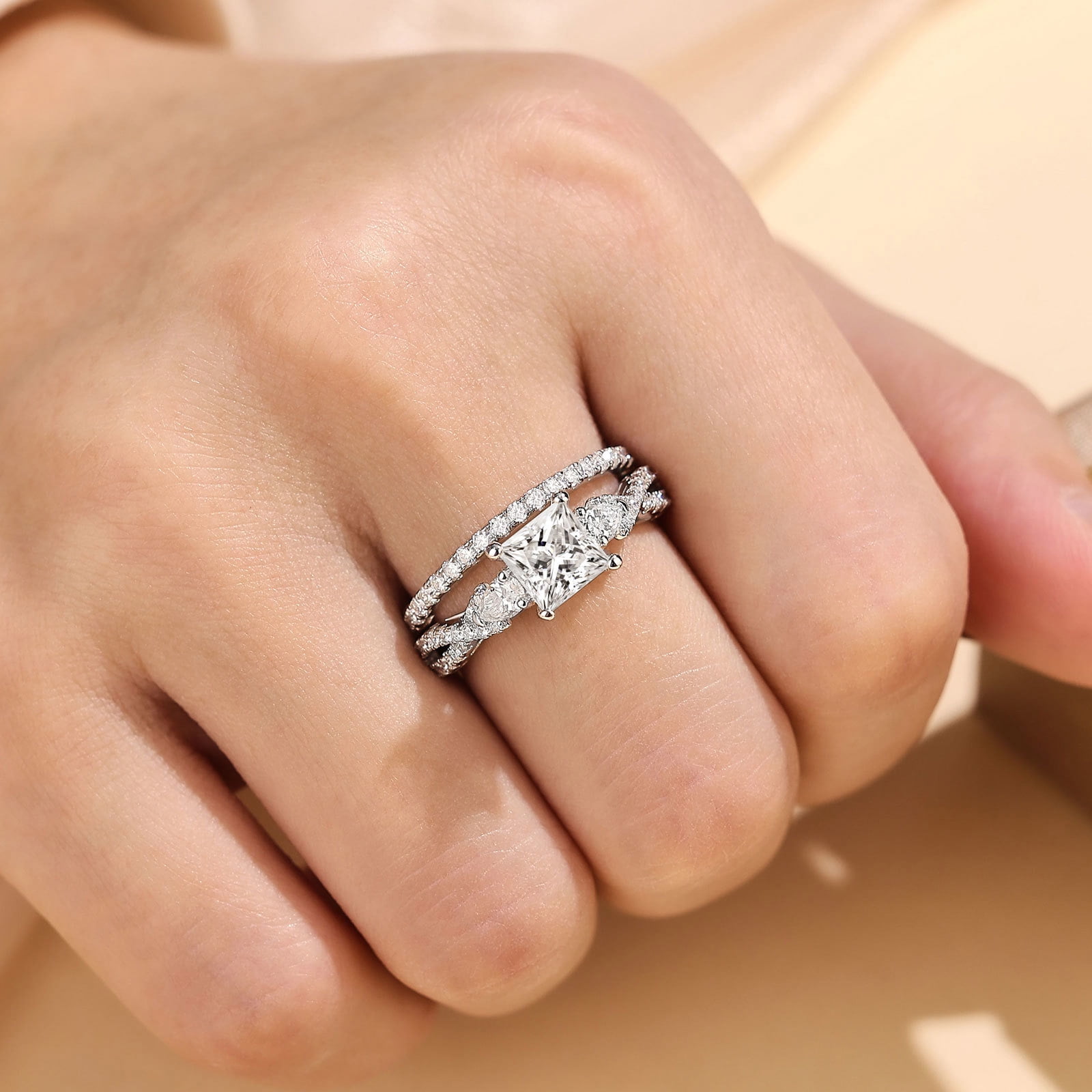 Newshe 1.7ct Princess Pear Wedding Rings for Women White AAAAA Cz Engagement Bridal Ring Set Size 6