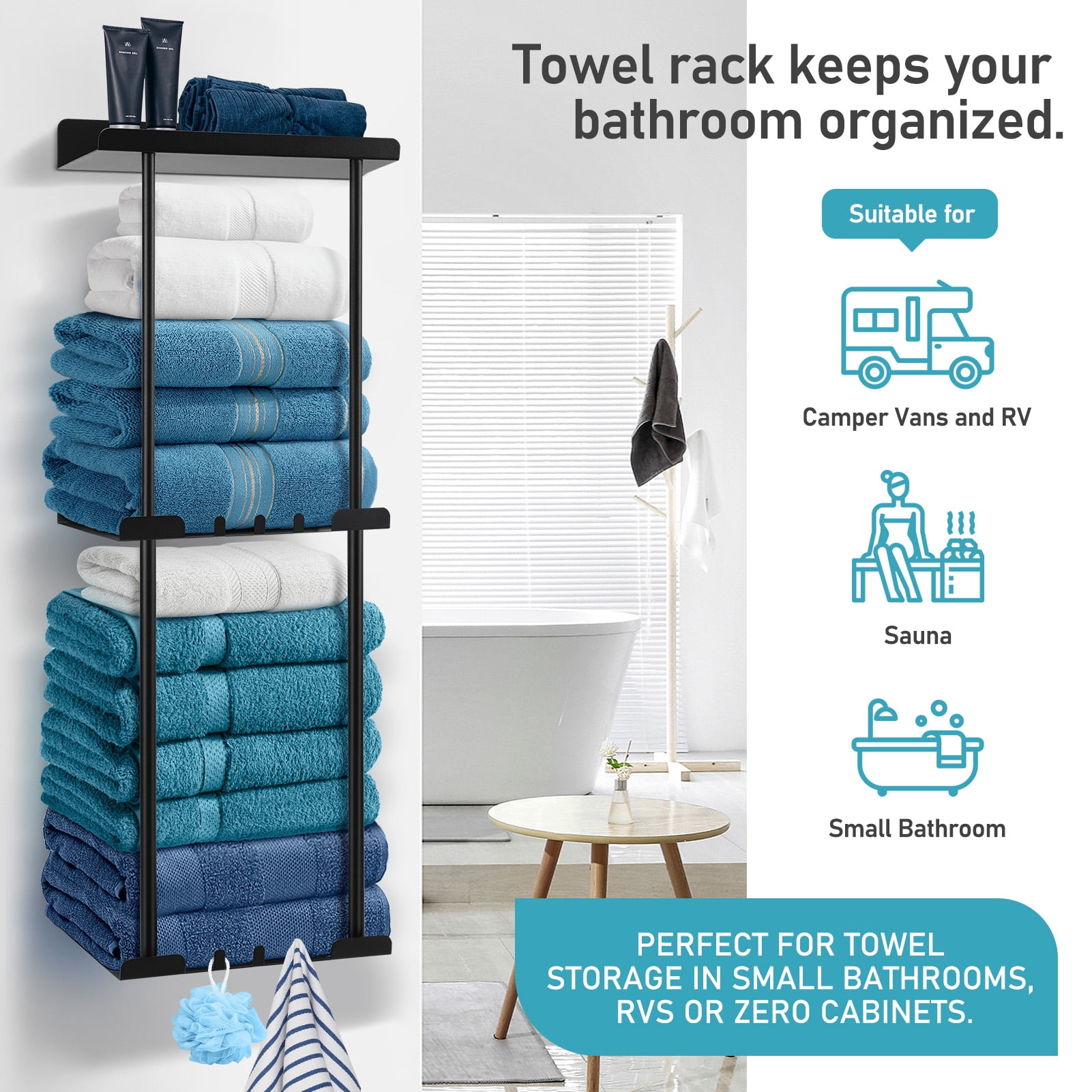 Livhil Towel Racks for Bathroom, Vertical Wall Towel Rack for Rolled Towels Metal Bath Towel Holder for Folded Large Towel Washcloths, 3 Tier