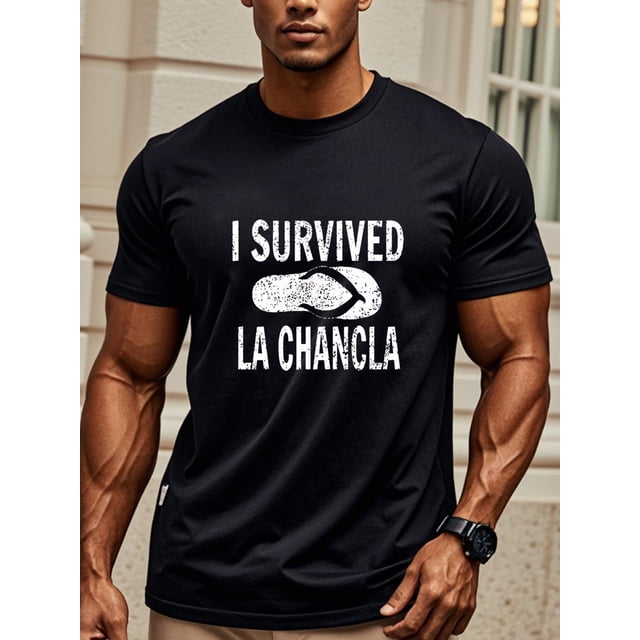 I Survived La Chancla Print, Men's Crew Neck Short Sleeve Summer Cotton T-shirt, Casual Comfy Top For Daily Wear Tee For Adult, Men, Women, Teen, Teenager, Adolescent,Youth