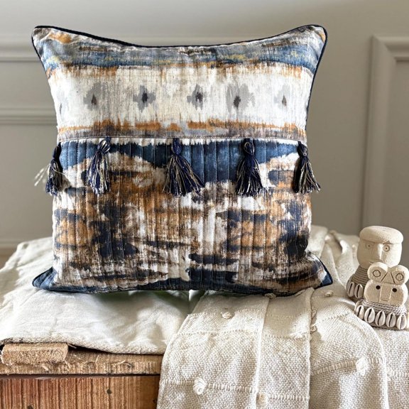 Decorative Blue 16"x16" (40x40 cm) Pillow Covers, Cotton Quilted Throw Pillows For Sofa, Ikat Pattern Contemporary Style - Amisha