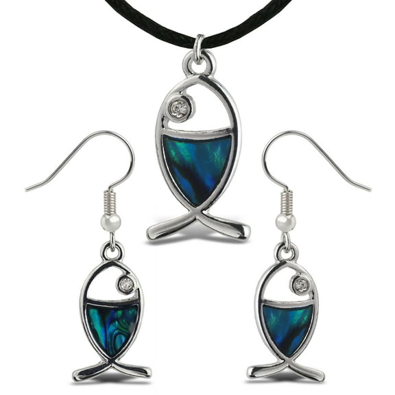Aqua79 Christian Fish Necklace & Earrings Jewelry Set - Silver Pendant with Black Cord Necklace & Dangle Hook Earrings Made with Natural Paua Abalone Shell for Daily, Casual & Formal Events - 18 Inch