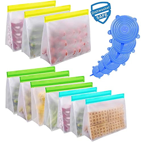10 Pack Reusable Food Storage Bags & 6 Pack Silicone Stretch Lids,  Leakproof Silicone Stand Up Food Bags, Extra Thick Food Grade BPA Free  Freezer Bags for Lunch Sandwich Snack Meat Fruit -
