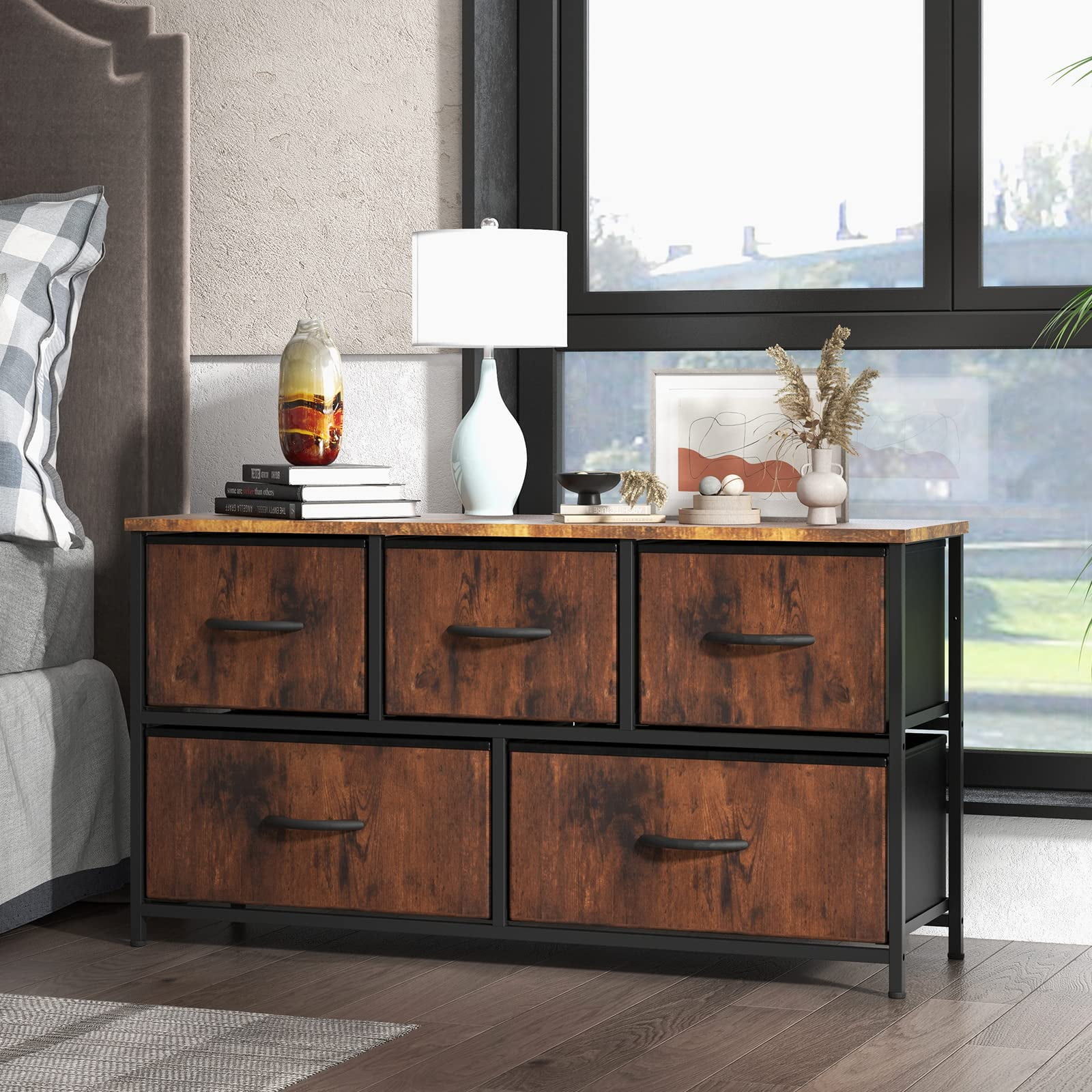 CONCETTA Dresser for Bedroom, 5 Fabric Drawers Dresser, Clothes Cabinet Storage Organizers and Wood Top Surface Table for TV, Chest of Drawers for Living Room, Hallway