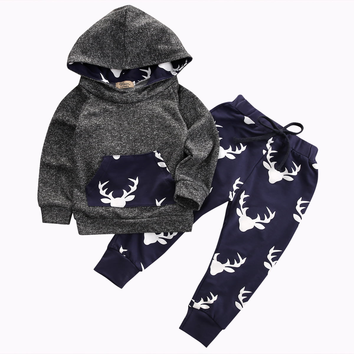 2PCS Newborn Baby Boy Girl Deer Print Hooded Shirts Tops+Pants Xmas Outfits Set 