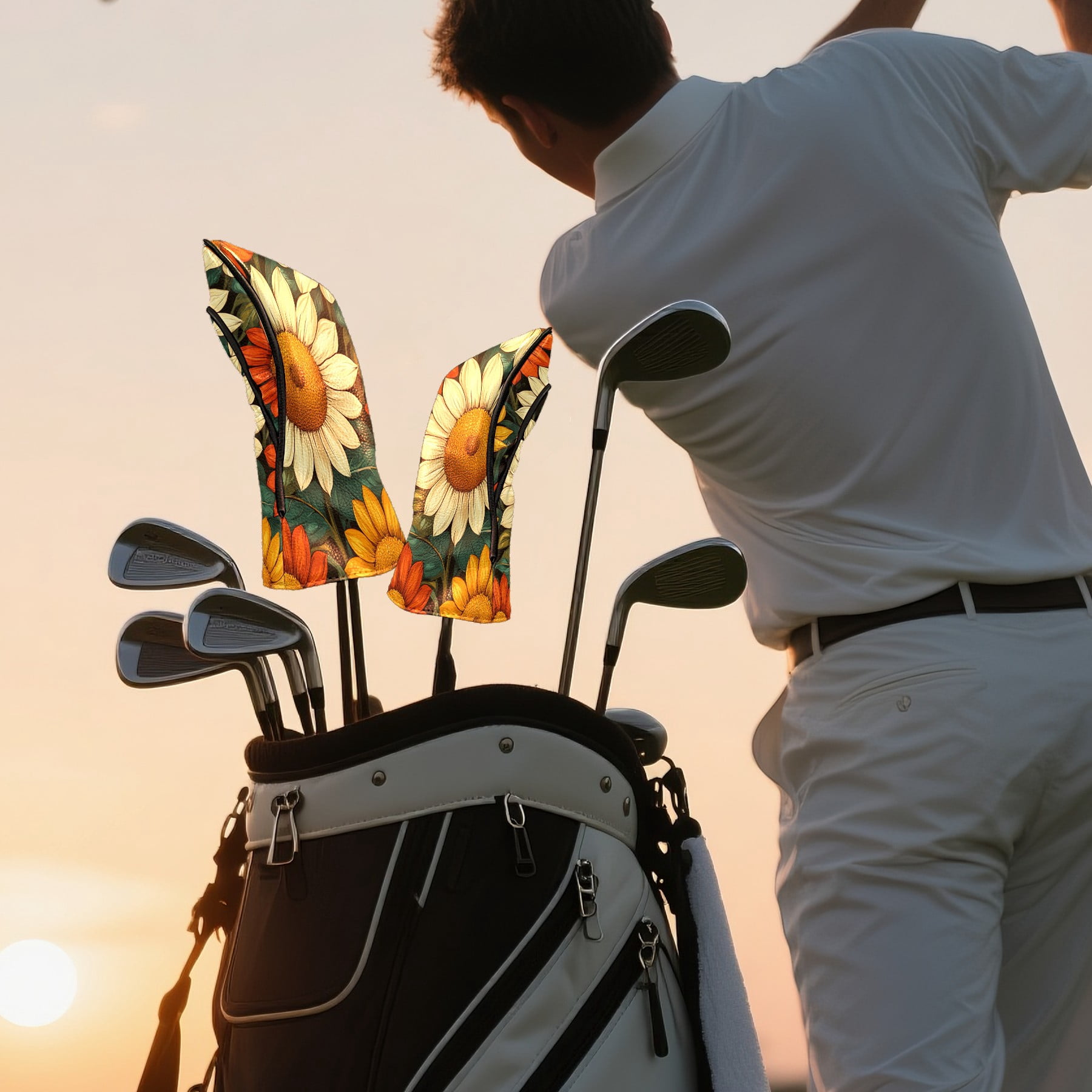 Golf Club Covers PU Leather Waterproof Head Covers for Fairway Woods Hybrids Sunflower Unisex Fits Most Brands