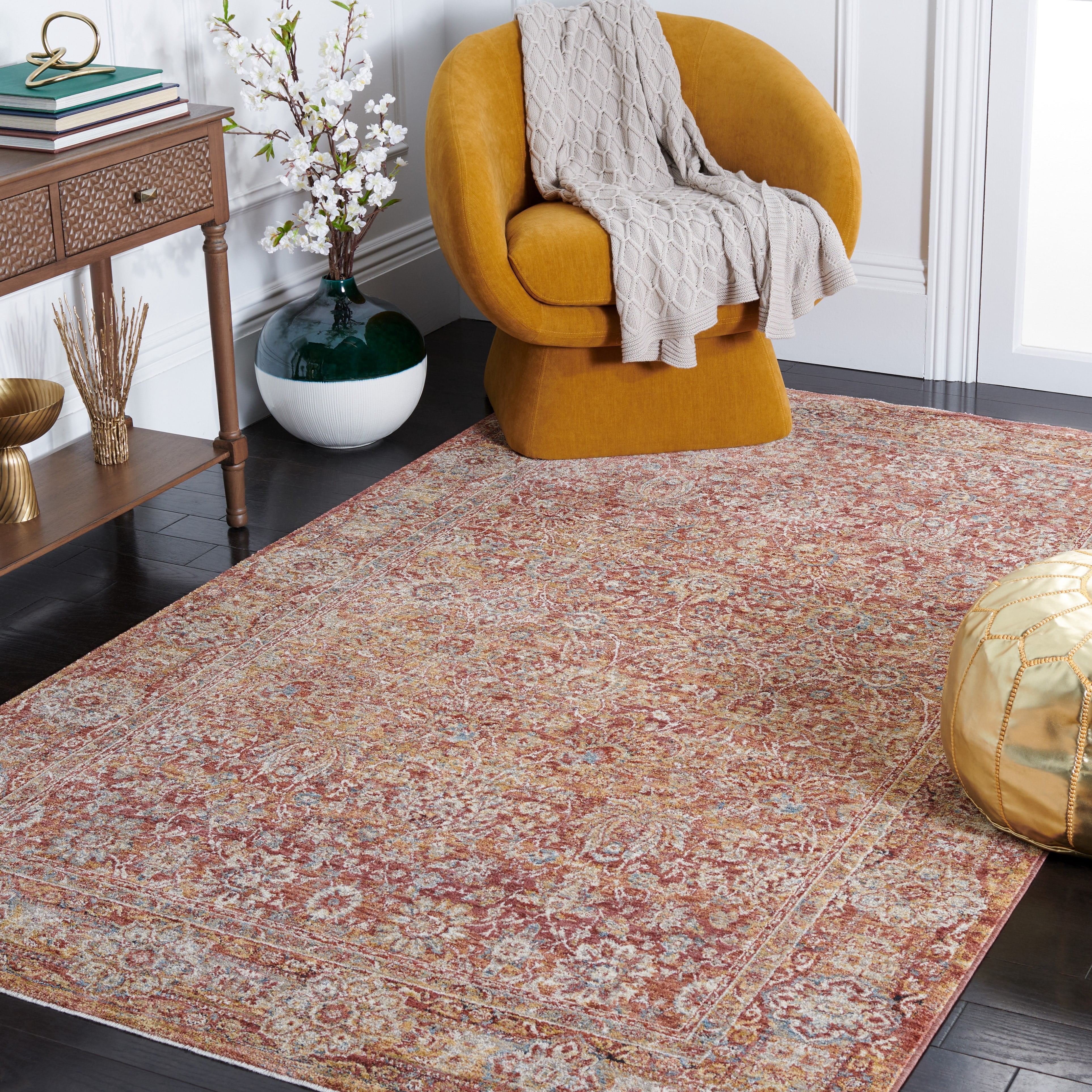 SAFAVIEH Valencia Maria Oriental Polyester Area Rug, Rust/Teal, 4' x 6'2"