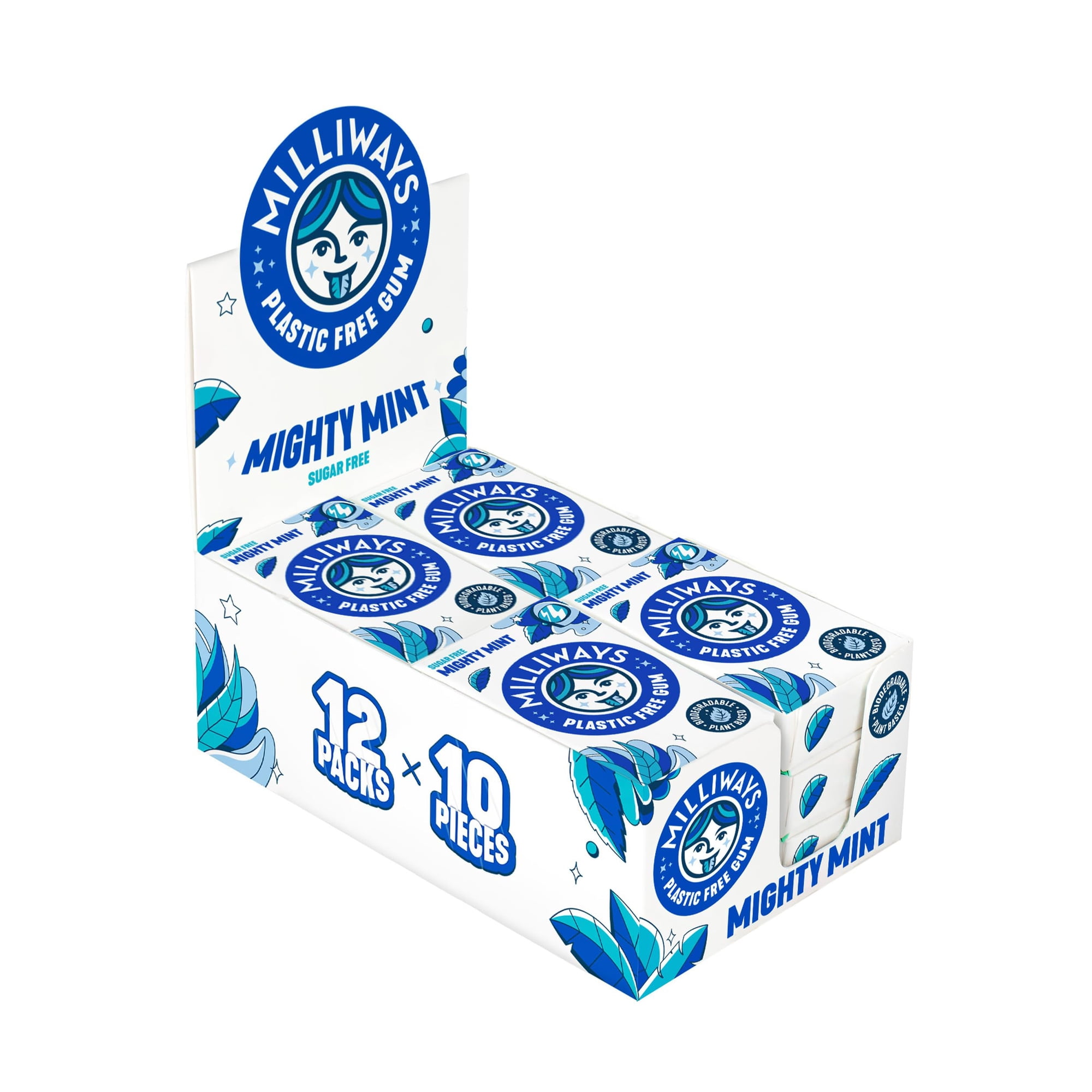 Milliways Mighty Mint Chewing Gum Plastic Free Sugar Free Aspartame Free Natural | 12 Packs of 10 Pieces (120 Pieces Total) | Xylitol Plant-Based Biodegradable