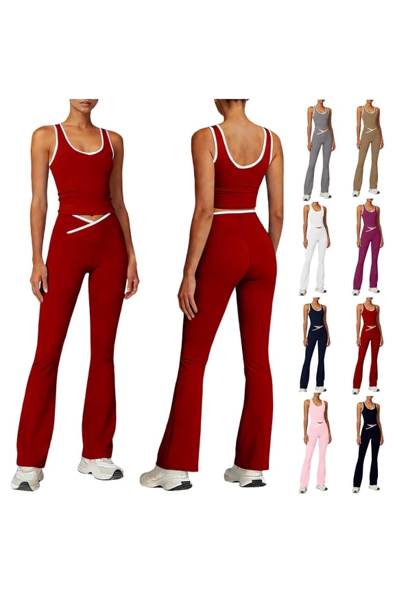 2 Piece Workout Sets for Women High Waist Yoga Flare Legging with Color Block Sport Tank Tops for Athletic Gym Outfits Red L