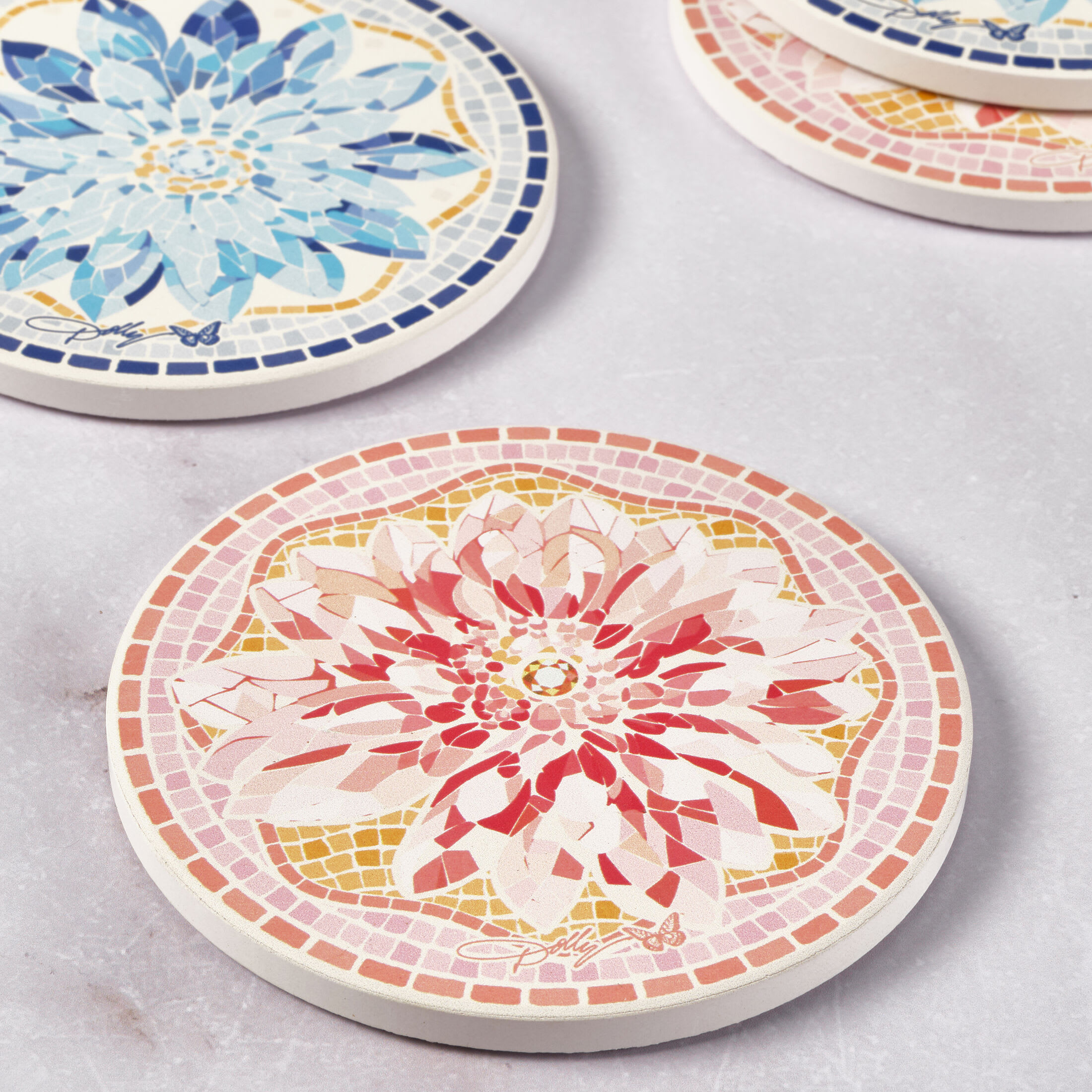Dolly Parton 8.5 in Blue Red Mosaic Flower Ceramic Coasters