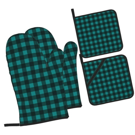 

Haiem Teal On Black Plaid Print Extra Long Oven Mitts and Pot Holders 4pc Sets: Heat Resistant Silicone Oven Mittens with Mini Oven Gloves and Hot Pads Potholders