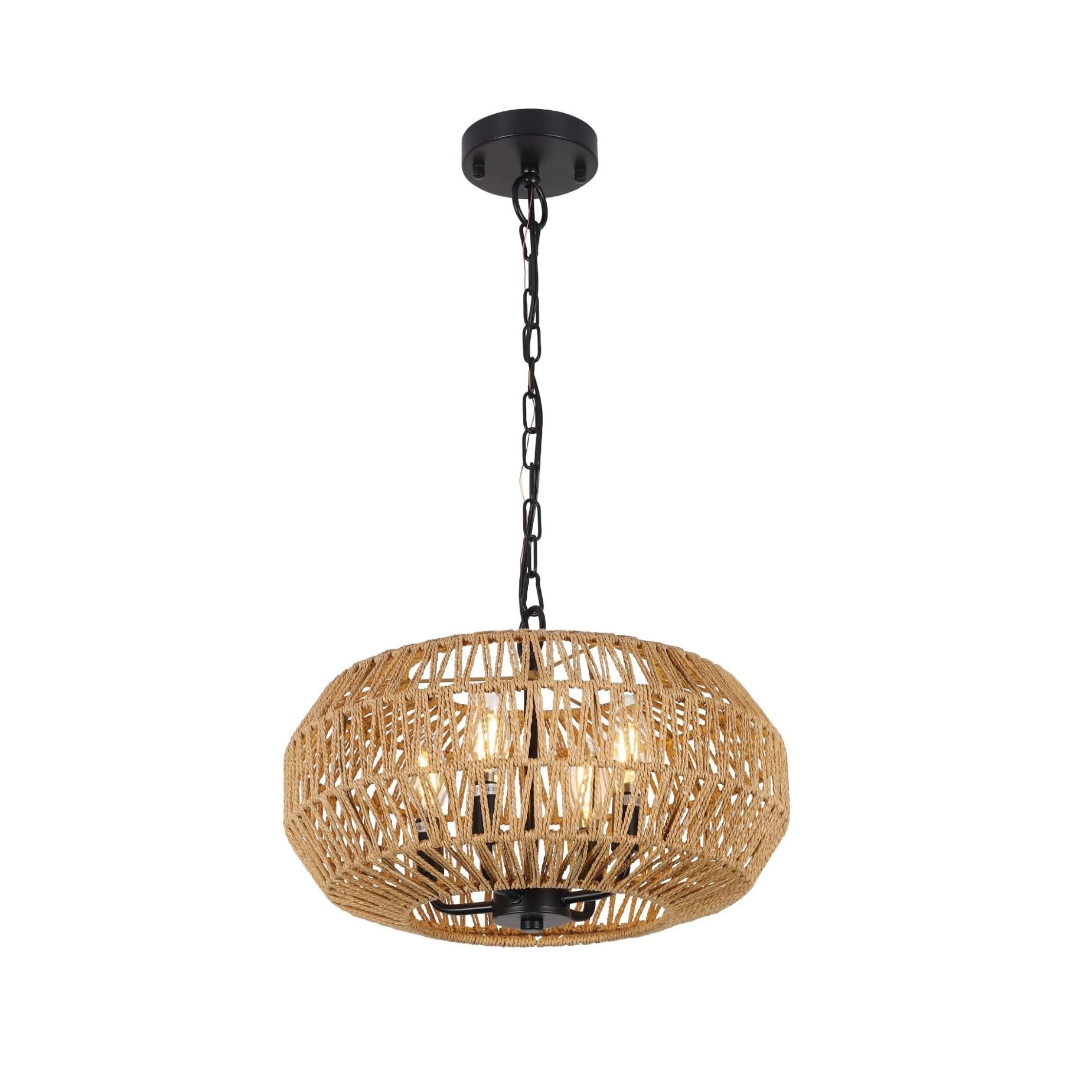 Noble House 15.7" Farmhouse Rattan Pendant Light, 4-Light Wicker Basket Chandelier for Dining Room & Foyer, Natural