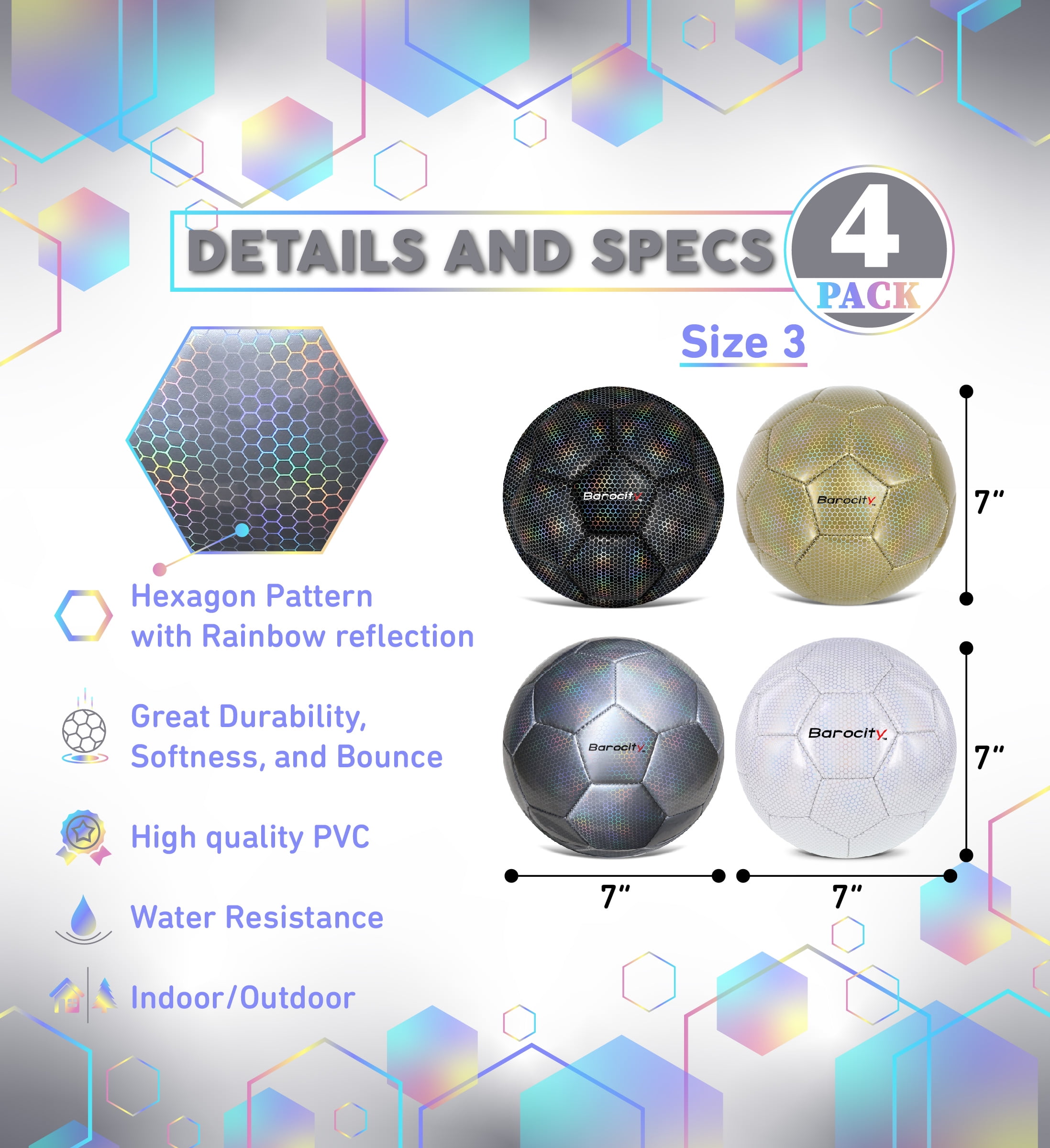 Barocity Iridescent Soccer Balls Set of 4 – Black, Gold, Silver, White Official Match Ball with Reflective Hex Pattern, Sport Soccer Balls for Indoor and Outdoor Training and Practice Games - Size 3