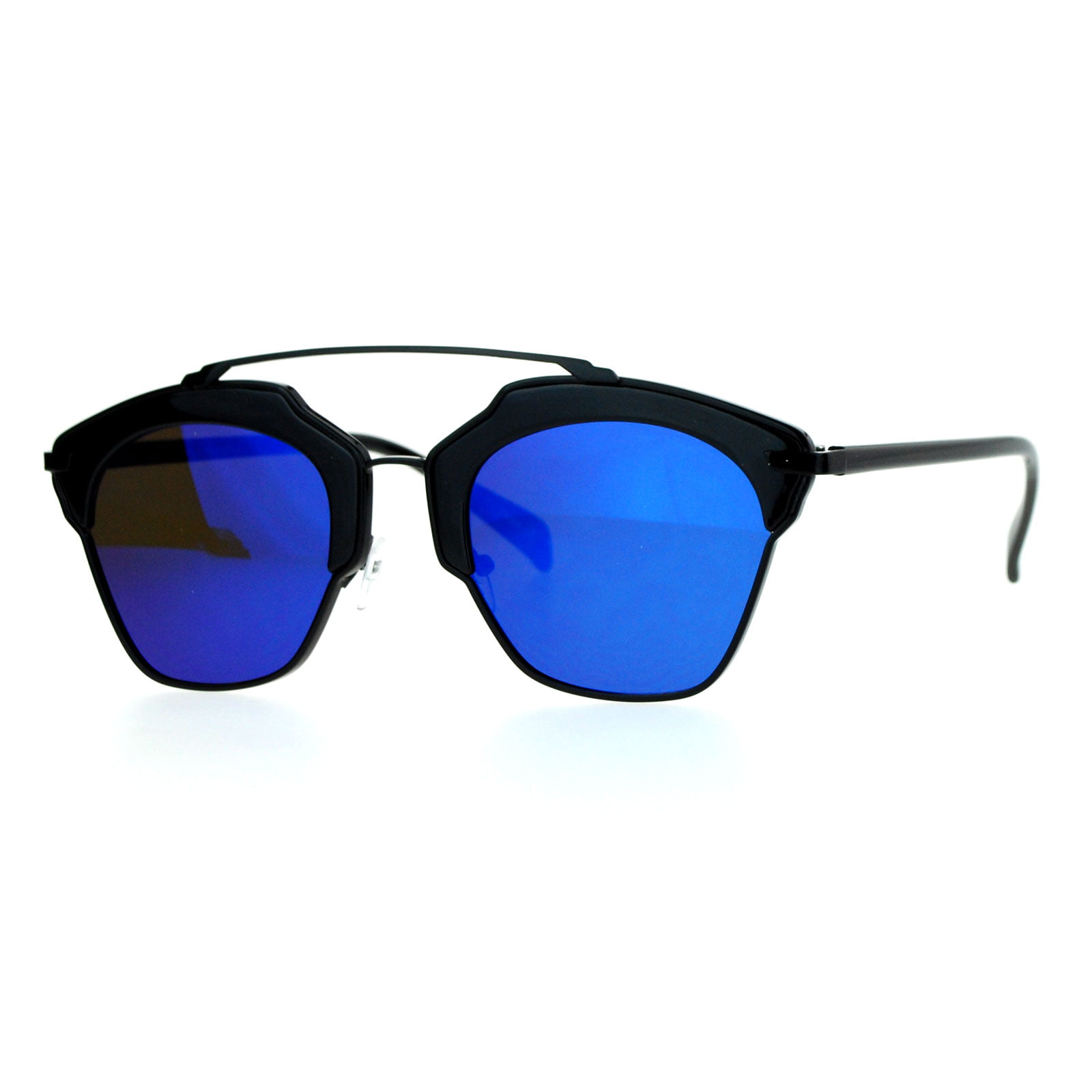 Sa106 Metal Outline Mirrored Mirror Lens Retro Vintage Half Rim Sunglasses Black Blue