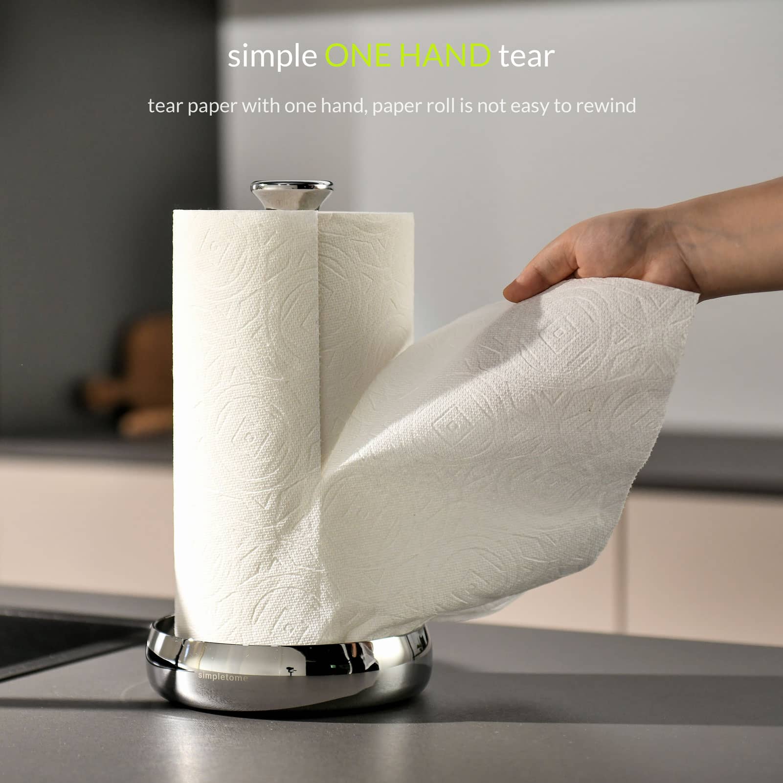 simpletome Paper Towel Holder Countertop ONE HAND Tear Keep It Rolled Up Weighted Base