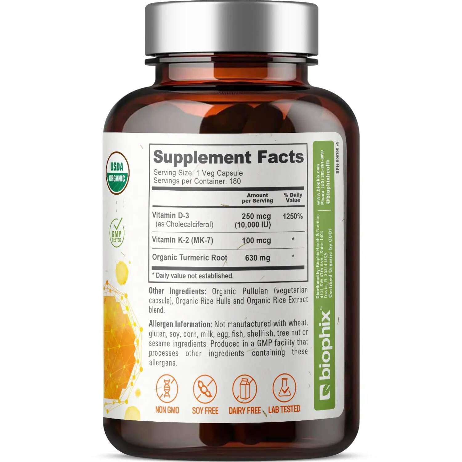 biophix Organic Vitamin D-3 K2 Turmeric 180 Vcaps - High-Potency Supports Strong Bones Immune Health