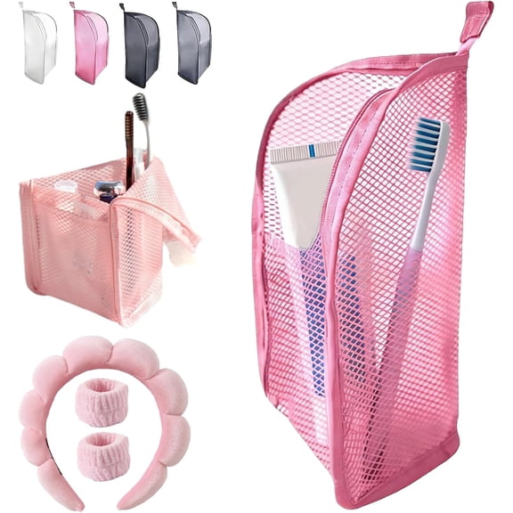 Standing Toiletry Bag, Portable Lightweight Travel Toiletry Bag, EVA Travel Toothbrush Storage Bag, Foldable Clear Hanging Bag Cosmetic Organiser Storage (Pink)