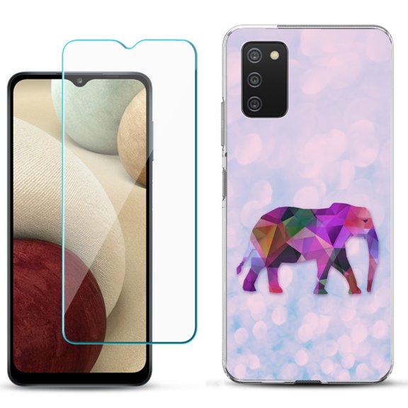 Slim-Fit TPU Phone Case Compatible with Samsung Galaxy A02s, with Tempered Glass Screen Protector, by OneToughShield ® - Elephant /Polygon