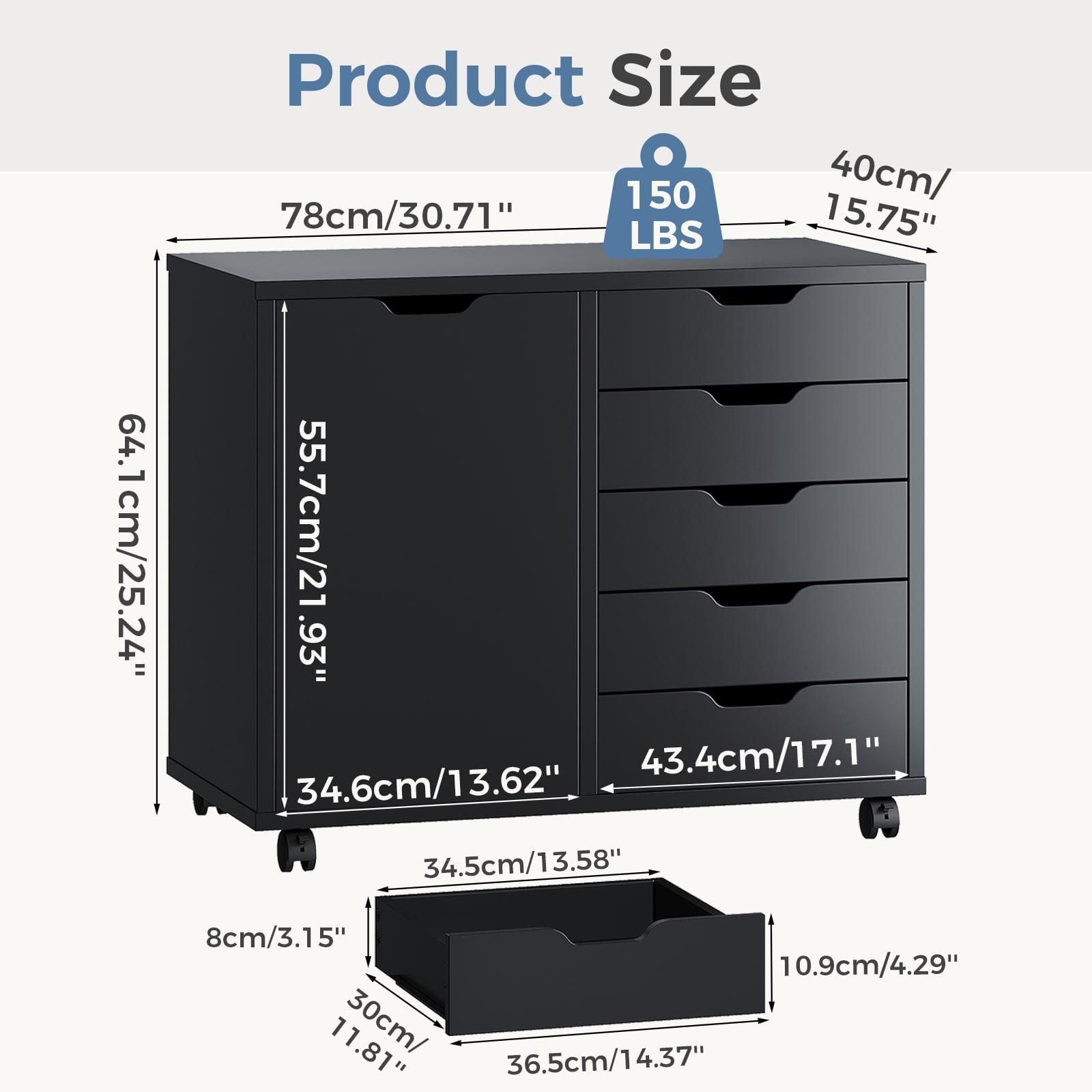 Gianna 5-Drawer Wood File Cabinet, Mobile Printer Stand with Adjustable Shelf & Wheels, Storage Shelves for Home Office