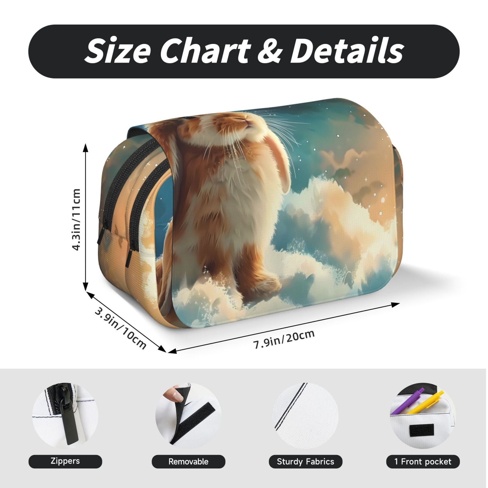 Rateoe Starry Sky Cloud Cute Rabbit Pattern Double Clamshell Pen Case, Storage Organizer with Two Zipper Compartments– Holds Up to 50 Pencils & Pens
